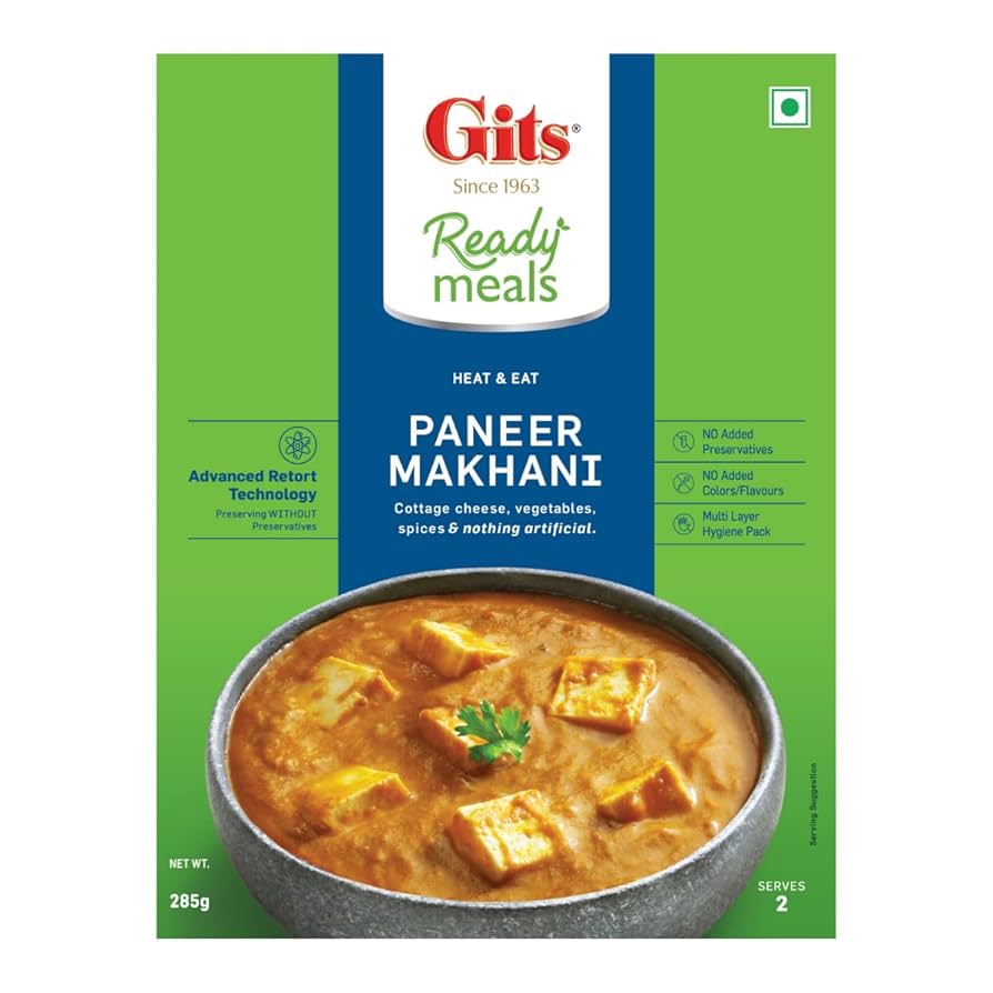 RTE Gits Ready to Eat Paneer Makhani, Pure Veg, Heat and Eat Spicy Curry, Microwaveable, 285g